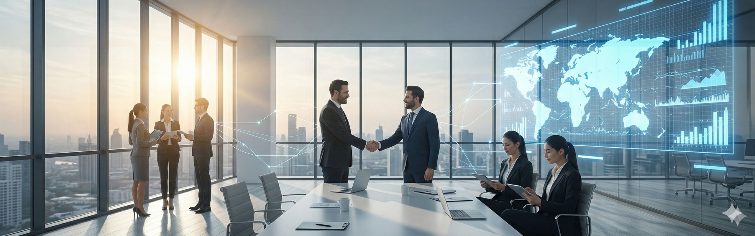エムキューブ株式会社のB2C・デジタルコンテンツ事業を象徴する、人々が笑顔でスマートフォンからデジタルの光やいいねを送り合うイメージ